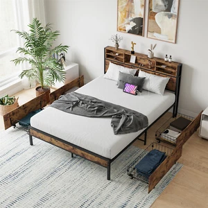 Queen Size Bed Frame Metal Platform Bed with Storage Headboard and 4 Drawers - Picture 1 of 9