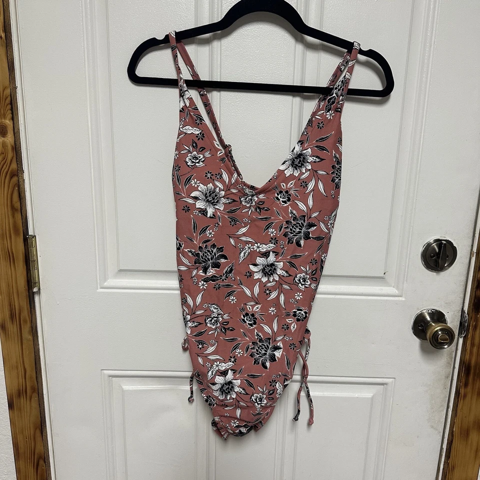 Kona Sol One Piece Swimsuit Womens Small Pink Floral V-neckline Criss Cross Back