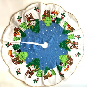 Vtg Christmas Tree Skirt Felt Sequins Handmade Santa Reindeer Snowman 42” Round - Picture 1 of 17