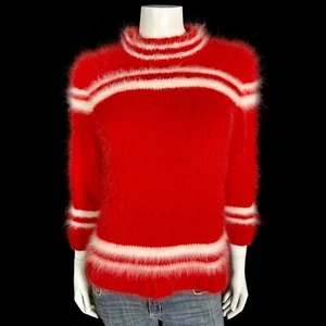 Maglione pullover 100% angora fuzzy rosso e bianco lavorato a mano nuovo con etichette rovere 35 nel busto - Foto 1 di 10