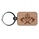 Norse Viking Helmet Battle Axe Engraved Wood Rectangle Keychain Tag Charm
