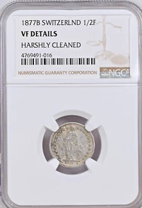 1877 B Switzerland Silver 1/2 Franc NGC VF .835 1/2F KM#23 Very Fine Certified - Picture 1 of 2