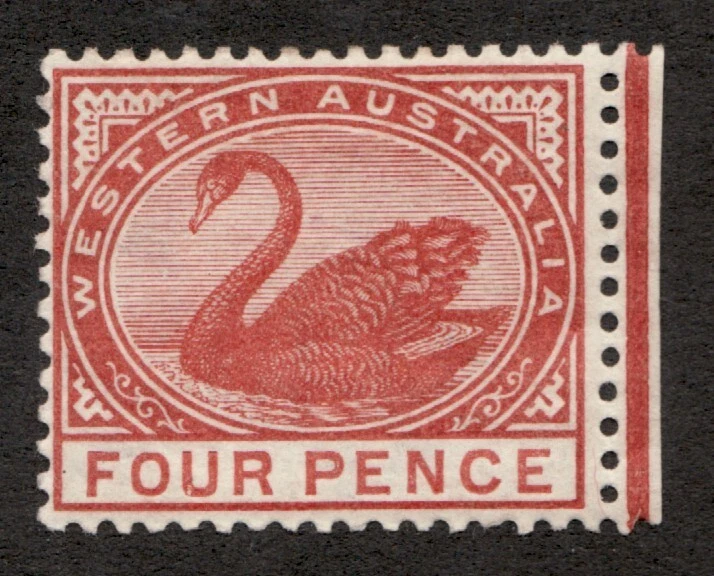 Australia Occidental 1890 Sc#65, pf14, Wmk C&A, 4 peniques, o Brn Swan. MH Cv$20 Foto 1 de 1