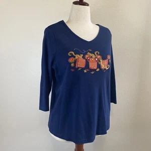 Breckenridge Cute Embroidered Squirrels V Neck Top. Navy Blue. 3/4 Sleeve 1X - Picture 1 of 10
