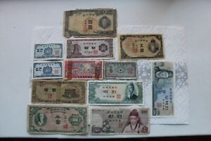 Korea Banknotes, 12 total, 1945-75, 5Y, 10J, 1W, 5W, 10H, 10W, 100W, 500W, 1000W