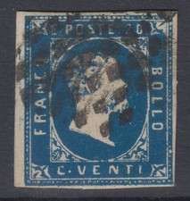 SARDEGNA 1851 20 CENTESIMI AZZURRO VIVO N.2d USATO CERT. BEN MARGINATO