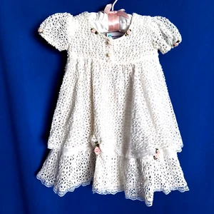 Baby Girl Crochet White Tiered Baptism Christening Party Dress Pink Roses 12 MO - Picture 1 of 8