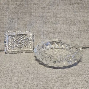 Vtg MCM Clear Cut Glass 5" Round Heavy Ashtray & Rectangle 4" Ashtray Lot Of  2  - Picture 1 of 17