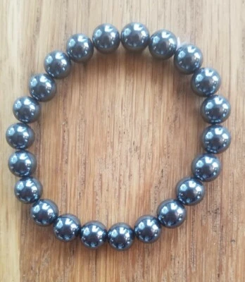 Contas de hematita preta supercharged 8mm, pulseira elástica 8", unissex, REIKI! - Imagem 1 de 4