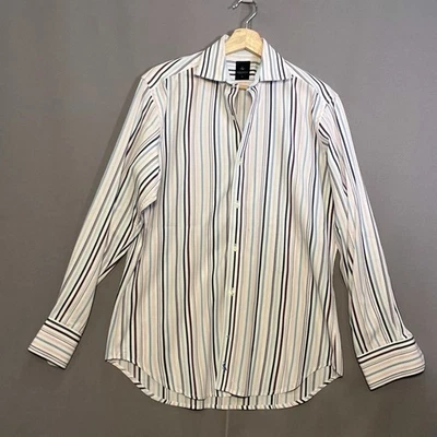 Camisa de vestir de manga larga para hombre Tailorbyrd púrpura azul rosa a rayas usada en excelente estado talla M Foto 1 de 4