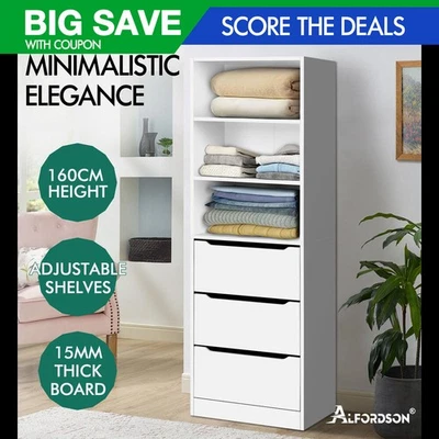 ALFORDSON Wardrobe Clothes Storage Cabinet Closet Organizer 3 Drawers White - image 1 of 4
