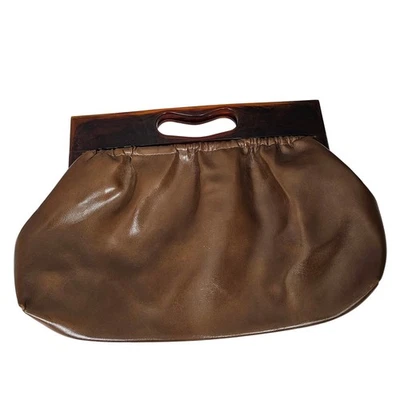 Vintage Brown Faux Leather Clutch Purse Marbled Lucite Handle 13" Retro Handbag - Image 1 of 4