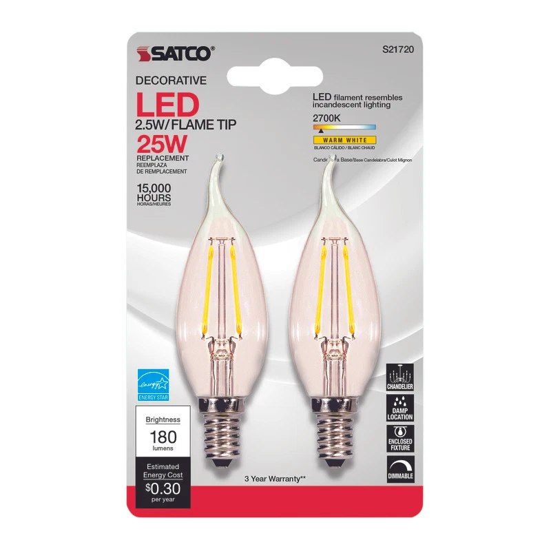 Satco S21720 Clear 120V E12 Candelabra 180 lm. Warm White CA10 LED Bulb 25W - Image 1 of 1
