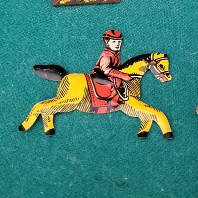 VTG 1940s Cracker Jack Prize Toy Tin Metal Litho  Horse Rider, Red &Yellow, 2.5" - Image 1 of 2