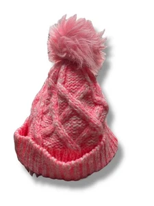 F&F Tesco Pink Knit Beanie Hat Faux Fur Pom Pom Winter Warm Chunky Cap VGC - Picture 1 of 6