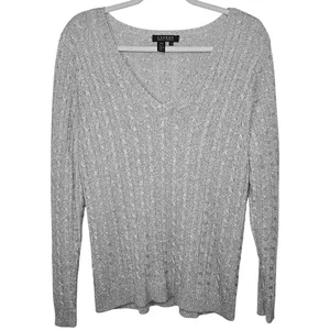 LAUREN RALPH LAUREN Metallic Silver Silk Blend V-Neck Cable Knit Sweater Size 1X - Picture 1 of 7