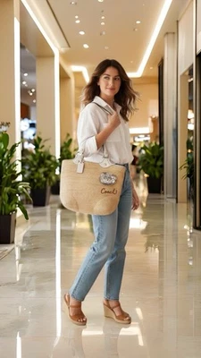 Bolso de Mano Coach Bleecker Vintage de Paja con Borde de Cuero Blanco y Bolso Floral Foto 1 de 4