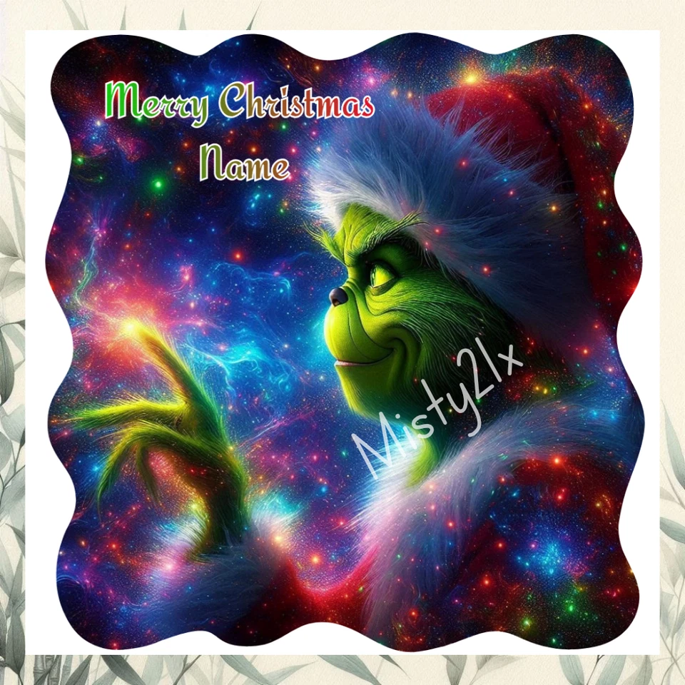 MISTY21X Personalised GRINCH Greeting Card CHRISTMAS Colourful XMAS Fun Santa Hat Galaxy