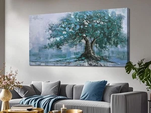 Tree Canvas Wall Art Teal Tree of Life Landscape Picture Modern Nature Painti... - Picture 1 of 7