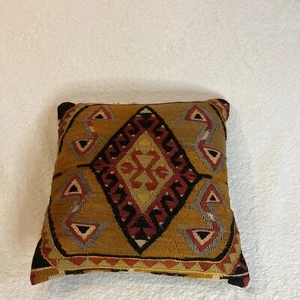 Rustic Diamond Throw Pillow 16” X 16” 100% Handwoven Vintage Wool Turkish Kilim - Picture 1 of 13