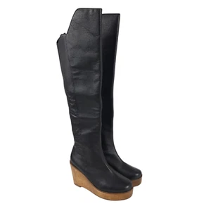 KELSI DAGGER BROOKLYN Over The Knee Boots 6 Black Leather Wedge Platform Heel - Picture 1 of 11