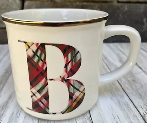 Pottery Barn Plaid Alphabet Mug Letter “B” Initial Gold Trimmed 16 oz. - Picture 1 of 5