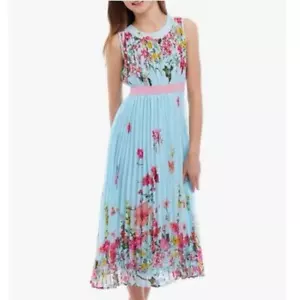 Rare Editions Chiffon Pleated Maxi Dress Mint Blue Pink Flowers Size 18 - Picture 1 of 6