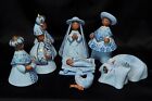 15 Piece Mexican Pottery Nativity Set Blue Brown Vintage Manger Scene
