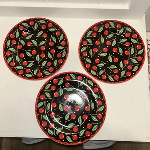 Set of 3 Sakura MARY ENGELBREIT CHERRIES 8" Salad Plates Black/Red Cherry - Picture 1 of 7