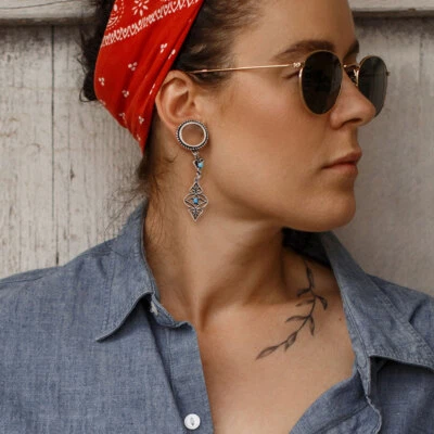 Plug Tunnel Ear Expander In Surgical Steel - Tribal Pendant - Turquoise - Image 1 of 4