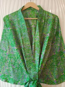 Reine Seide grün und lila Midi Kimono Handarbeit Kimono Vintage Kleidung MKMO1969 - Bild 1 von 8