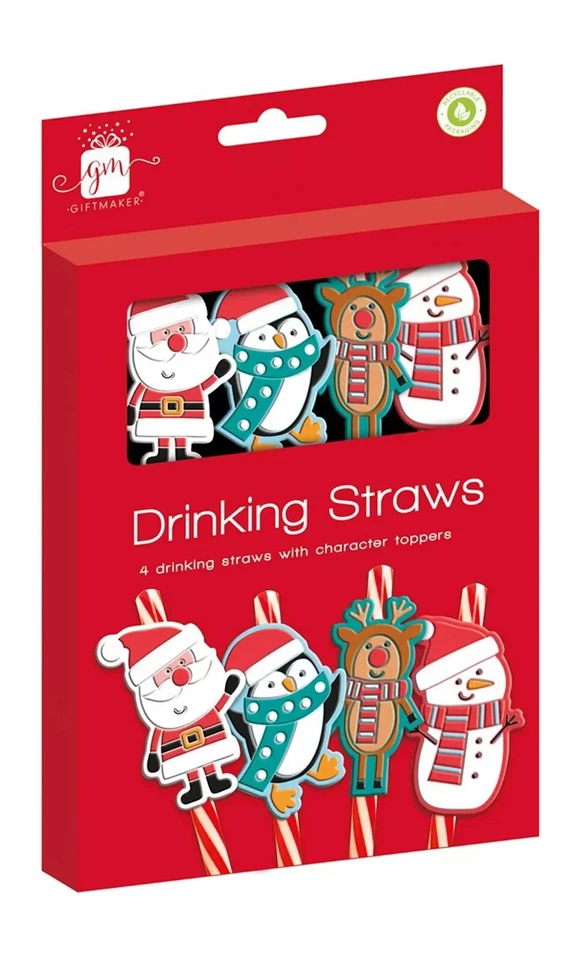 GIFTMAKER Re-Usable Christmas Drinking Straws Character Toppers Santa Snowman Penguin Xmas
