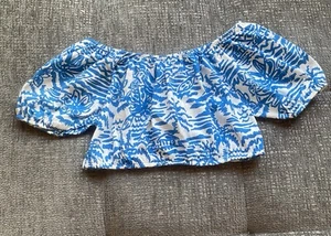 NWT Zara Girls Cropped Top Blue White Off the Shoulder Short Puff Sleeve Size 7 - Picture 1 of 4