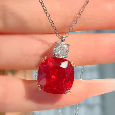 New 14mm Square Red Corundum White Topaz Women Gemstone Silver Necklace Pendant - Image 1 of 4