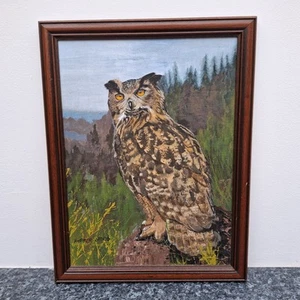 Pintura de búho águila euroasiática a bordo firmada madera Hosmer en marco de madera oscura - Imagen 1 de 23