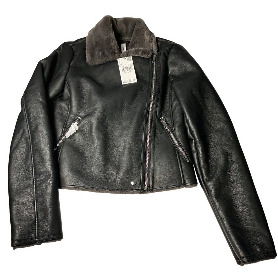 Chaqueta de cuero sintético negra Mango Woman XS para motociclista cuello de piel sintética Foto 1 de 4