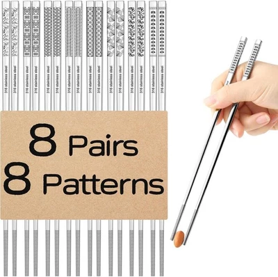5 or 8 Pair Metal Chopsticks Reusable 18/8 Stainless Steel Chopsticks Cute Laser - Image 1 of 4