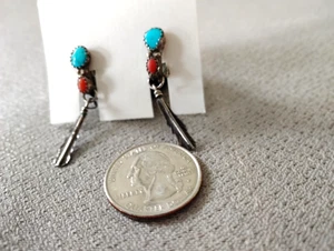 Orecchini Vintage Argento Sterling Turchese Corallo Etnico Pendente Boho Donna Clip On - Foto 1 di 5