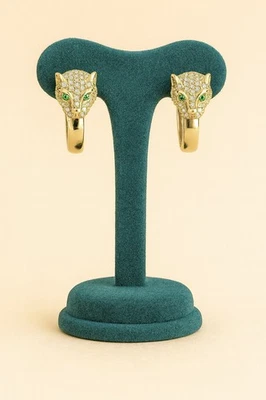 Cheetah Earrings Gold Plated Huggie Hoop Jaguar Head Leopard CZ Stainless  - Image 1 of 4