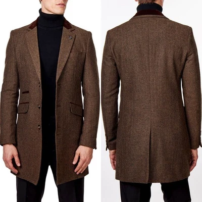 Men Brown Herringbone Coat Single Breasted Jacket Notch Lapel Cashmere Tweed - Image 1 of 4