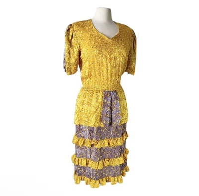 Vestido vintage Phyllis Pittman para mosaico con volantes en capas 100 % seda talla mediana Foto 1 de 4