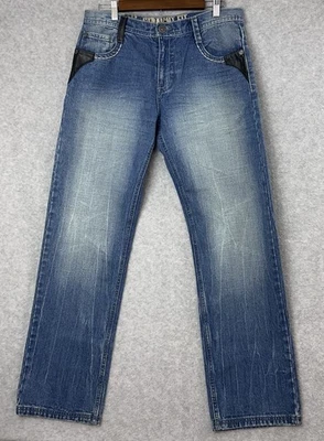 VTG Baileys Pt Jeans Mens 32x32* Blue Straight Premium Denim Cotton Leather Trim - Image 1 of 4