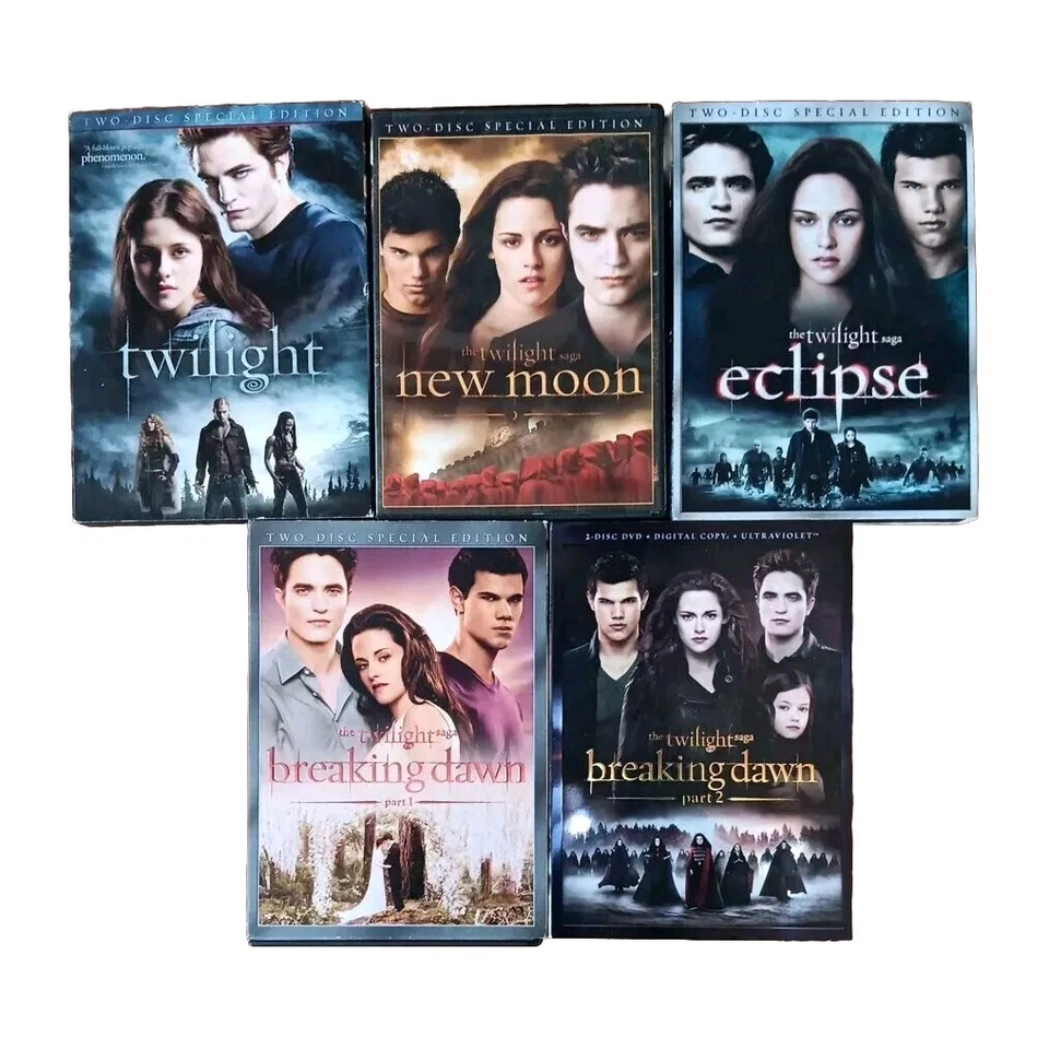 (5) Movies Complete Twilight, New Moon, Eclipse Breaking Dawn Parts 1 & 2 DVDs Foto 1 de 4