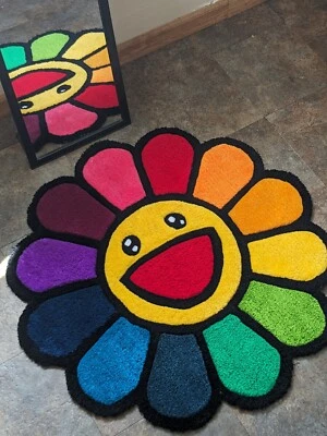 Takashi Murakami Tufted Rug - Inspired Floral Designs - Handmade - Bedroom - Imagem 1 de 3