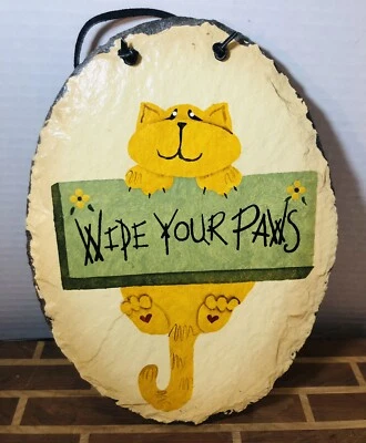 Painted Slate Wall Plaque Sign Playful Cat Wipe Your Paws 7X9” - Image 1 of 4