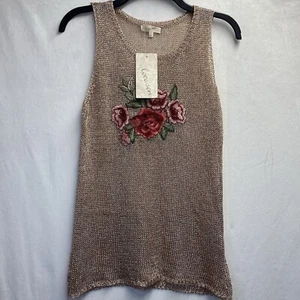 Love Sen Embroidered Open Knit Sleeveless Tank Top Women Large Gold Rose New - Picture 1 of 11
