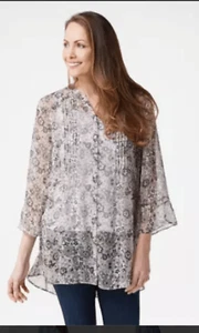 Isaac Mizrahi Live! Womens 26 Button Front Chiffon Tunic Tan Floral Print NWT - Picture 1 of 4