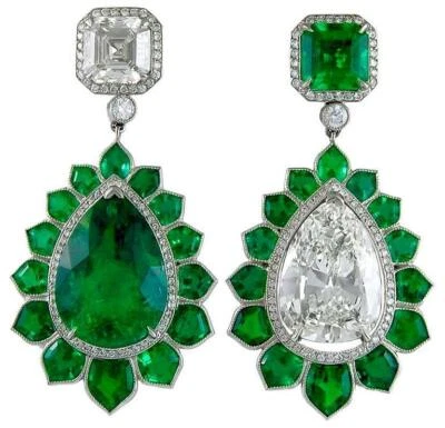 Exceptional Multi Shape Forest Green Emerald & Vivid White CZ 16.90 TCW Earrings - Image 1 of 3