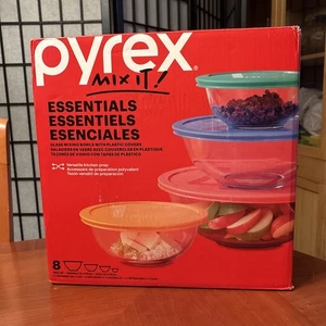 PYREX Mix It Essentials 8pc Glass Mixing Bowls With Plastic Covers - Sealed New - Picture 1 of 8
