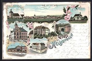 Lithographie Heldrungen, Schule, Bahnhof, Rathaus, Schloss 1905 - Bild 1 von 2